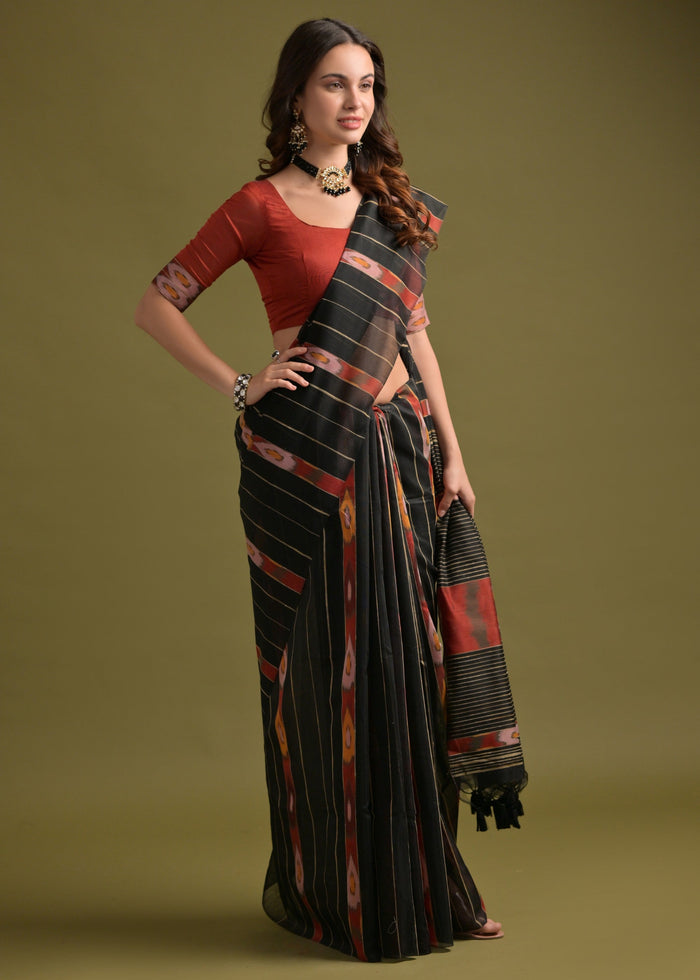 Carbon Black Soft Ikkat Cotton Printed Saree - qivii