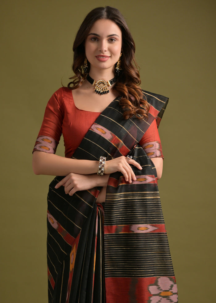 Carbon Black Soft Ikkat Cotton Printed Saree - qivii