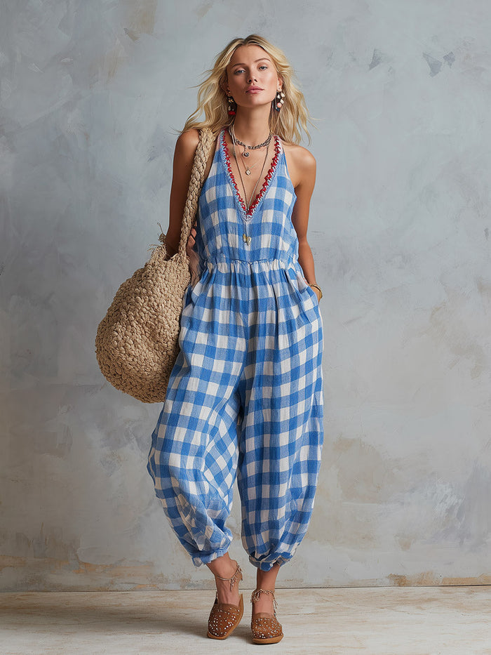 Casual-chic Blue And White Checkered Loose-fit Cotton-linen Jumpsuit  - By Qivii