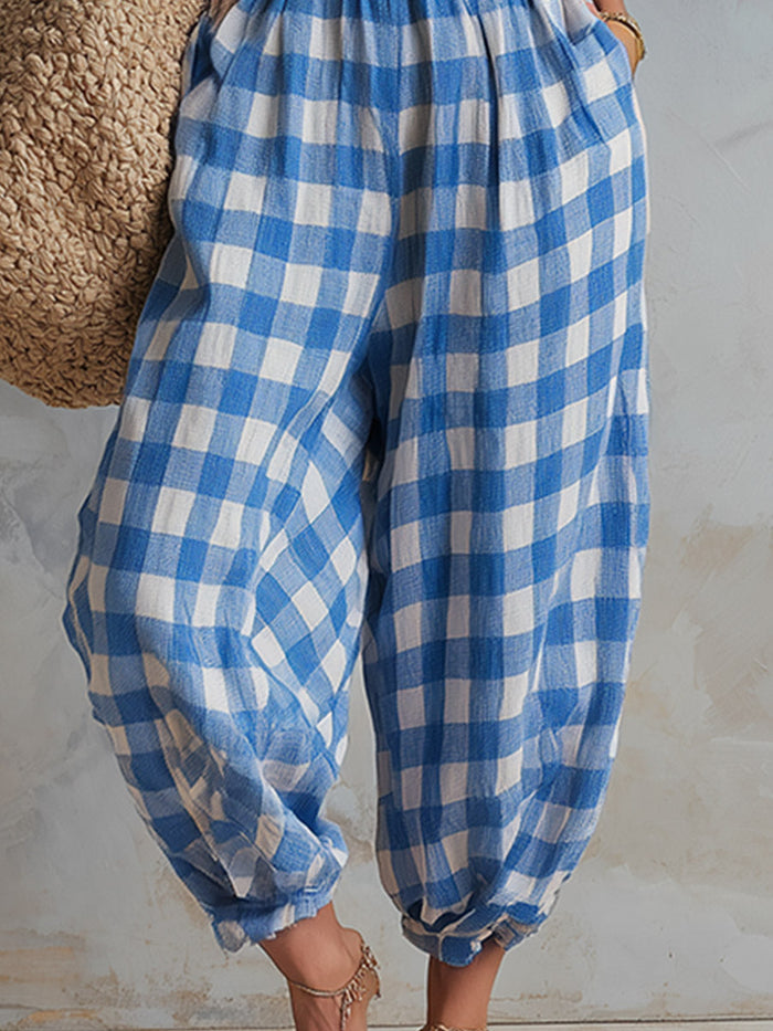 Casual-chic Blue And White Checkered Loose-fit Cotton-linen Jumpsuit  - By Qivii