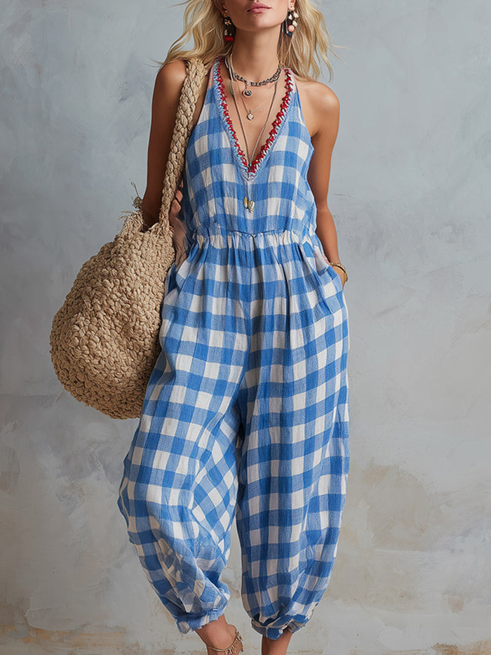 Casual-chic Blue And White Checkered Loose-fit Cotton-linen Jumpsuit  - By Qivii