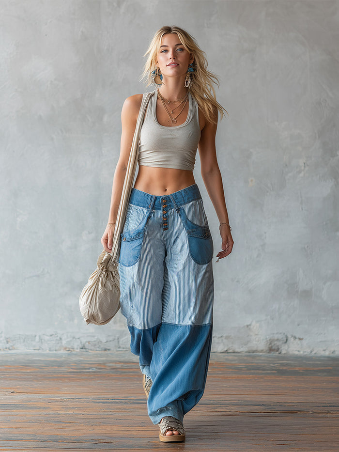 Casual-chic Light Blue Striped Patchwork Jeans  - By Qivii