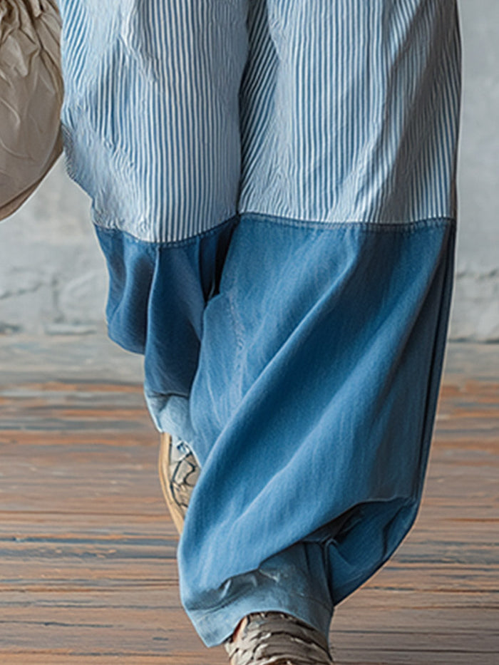 Casual-chic Light Blue Striped Patchwork Jeans  - By Qivii