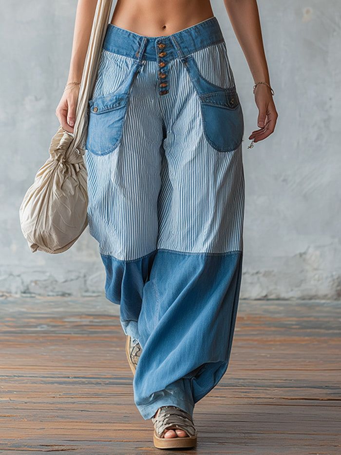 Casual-chic Light Blue Striped Patchwork Jeans  - By Qivii