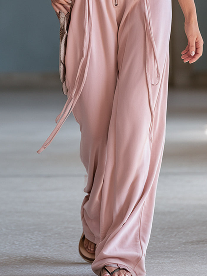 Casual Everyday Sporty Lace-Up Pink Square-Neck Cotton Jumpsuit  - By Qivii
