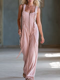 Casual Everyday Sporty Lace-Up Pink Square-Neck Cotton Jumpsuit  - By Qivii