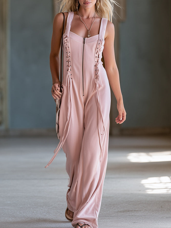 Casual Everyday Sporty Lace-Up Pink Square-Neck Cotton Jumpsuit  - By Qivii