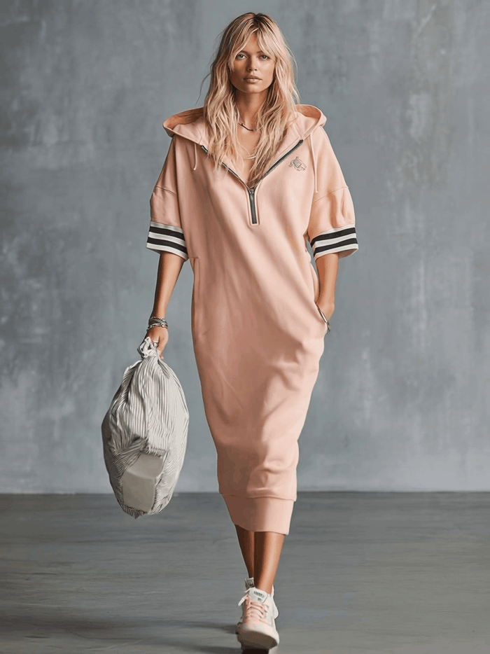 Casual Fashion Sporty Hooded Front Zipper Short-sleeved Cherry Blossom Pink Cotton Midi Dress  - By Qivii