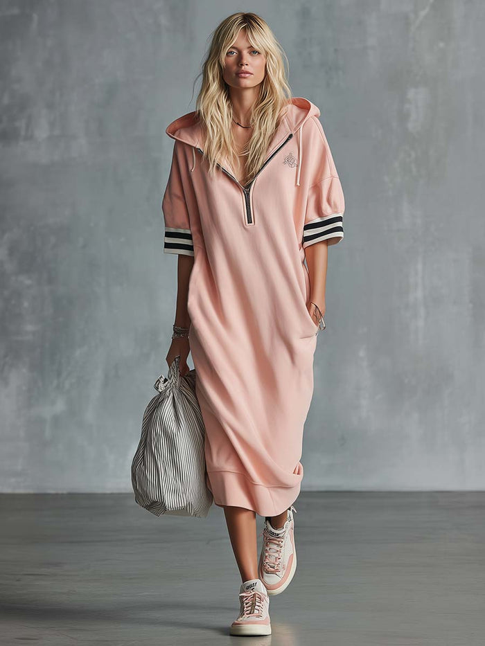 Casual Fashion Sporty Hooded Front Zipper Short-sleeved Cherry Blossom Pink Cotton Midi Dress  - By Qivii