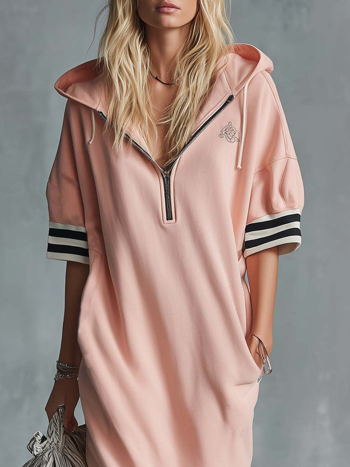 Casual Fashion Sporty Hooded Front Zipper Short-sleeved Cherry Blossom Pink Cotton Midi Dress  - By Qivii