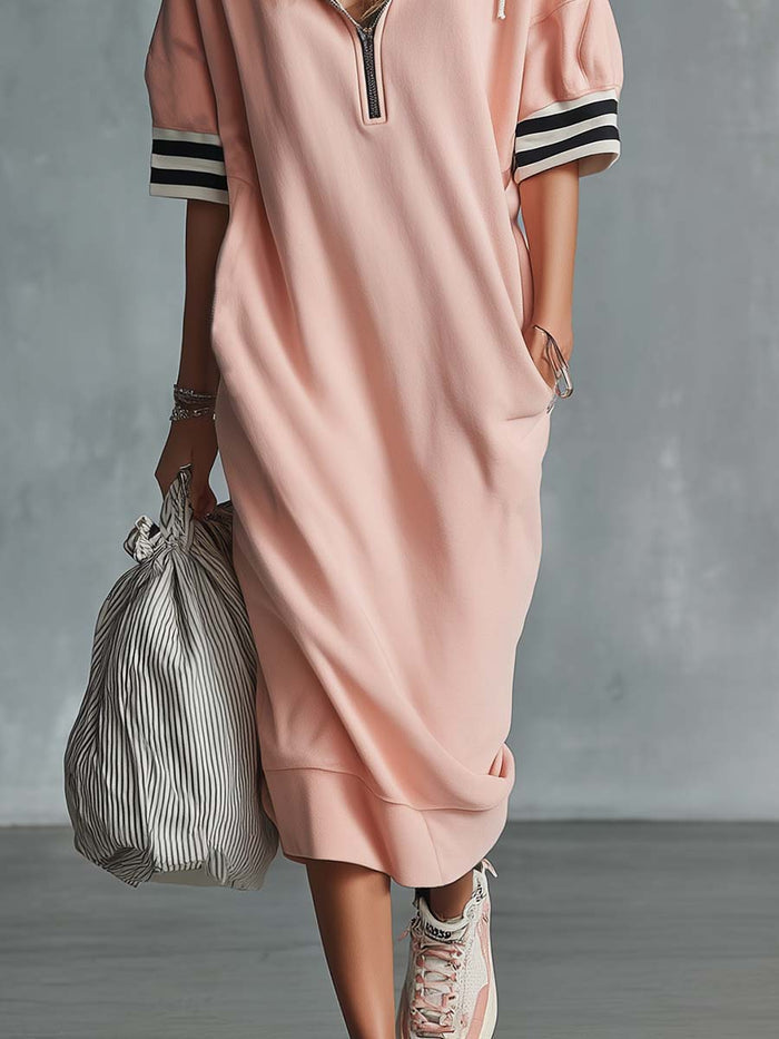 Casual Fashion Sporty Hooded Front Zipper Short-sleeved Cherry Blossom Pink Cotton Midi Dress  - By Qivii