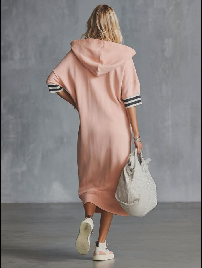 Casual Fashion Sporty Hooded Front Zipper Short-sleeved Cherry Blossom Pink Cotton Midi Dress  - By Qivii