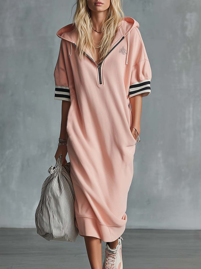 Casual Fashion Sporty Hooded Front Zipper Short-sleeved Cherry Blossom Pink Cotton Midi Dress  - By Qivii
