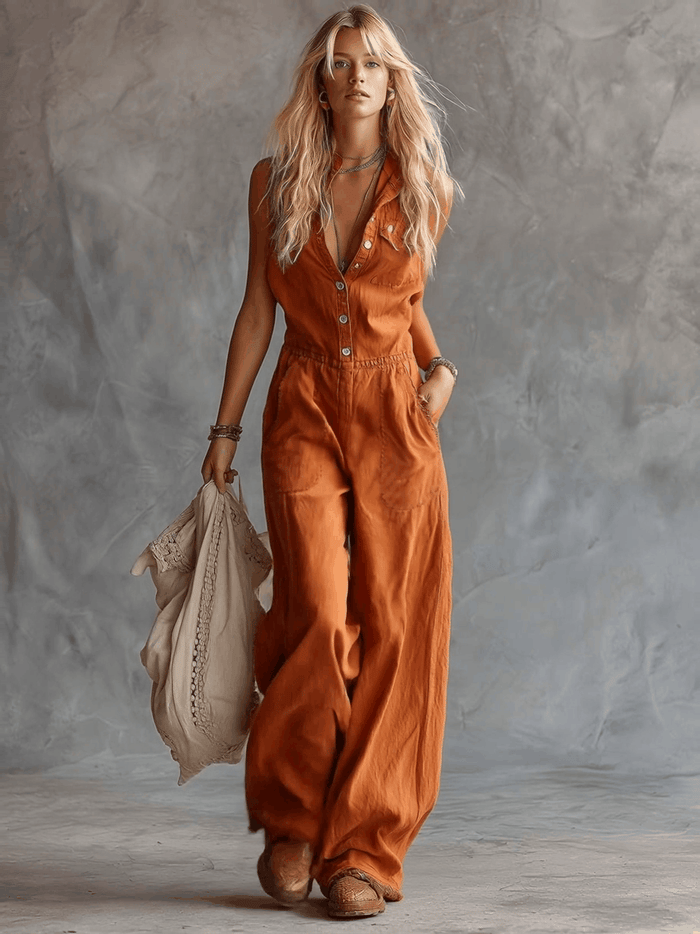 Casual Fashion Western V-neck Front-button Sleeveless Rust-orange Cotton Jumpsuit  - By Qivii
