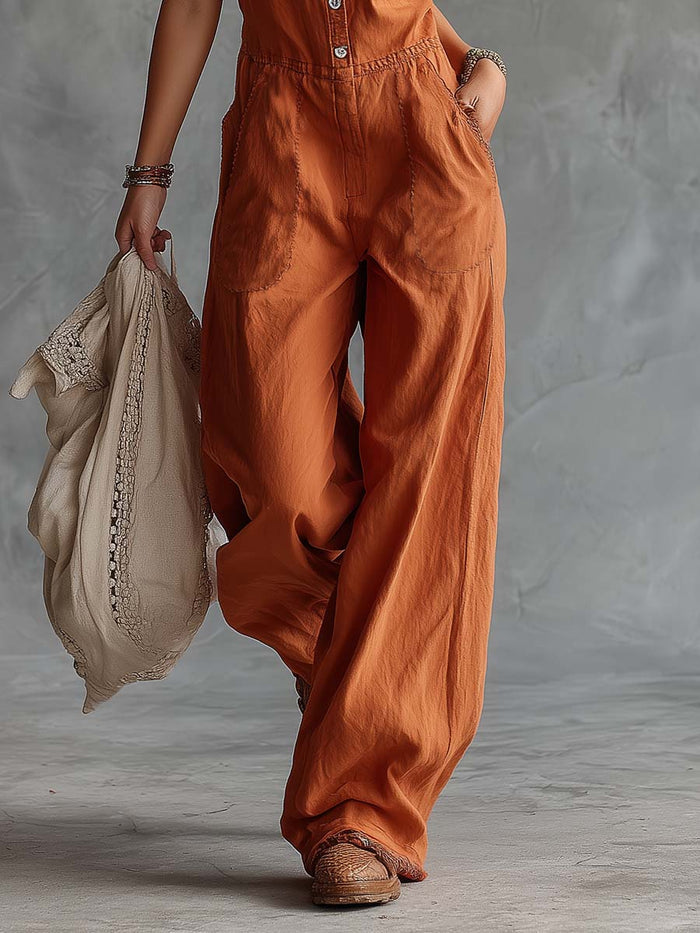 Casual Fashion Western V-neck Front-button Sleeveless Rust-orange Cotton Jumpsuit  - By Qivii