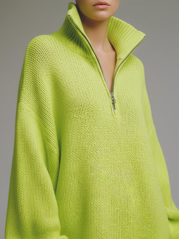 Casual Loose-fitting Green Knitted Mini Dress  - By Qivii