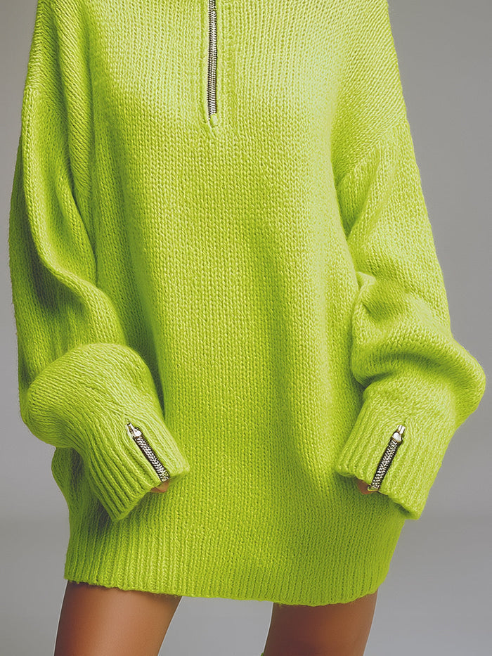 Casual Loose-fitting Green Knitted Mini Dress  - By Qivii