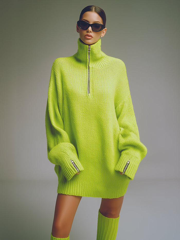 Casual Loose-fitting Green Knitted Mini Dress  - By Qivii