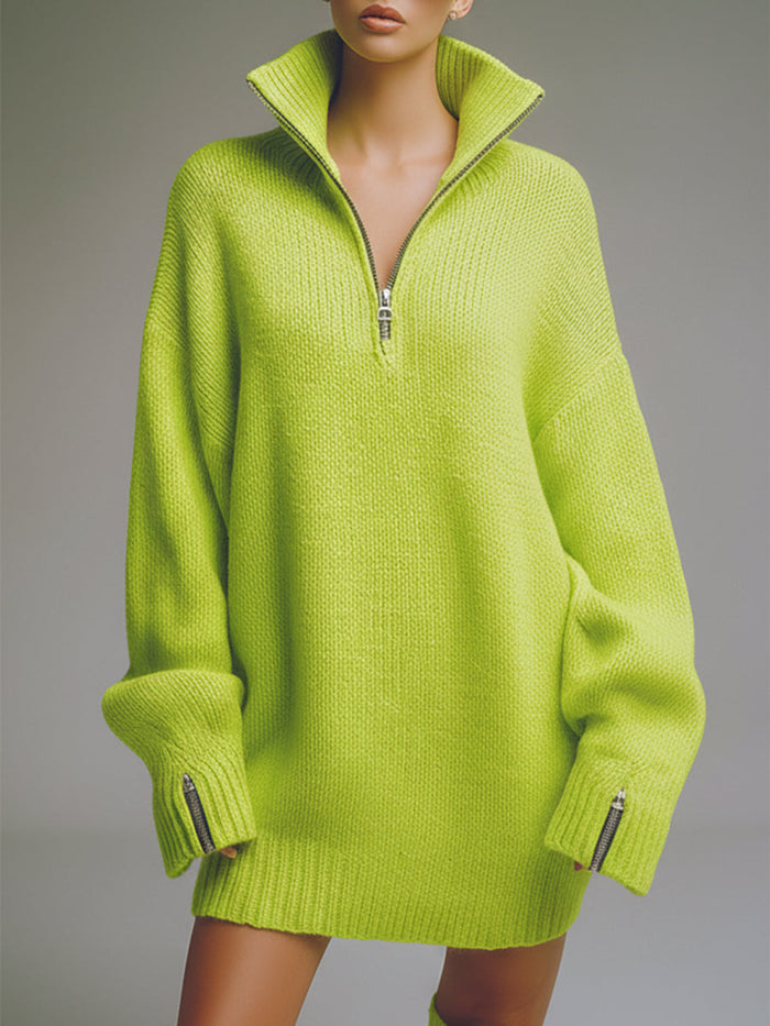 Casual Loose-fitting Green Knitted Mini Dress  - By Qivii