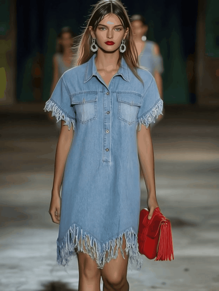 Casual Loose Vintage Denim Short Sleeve Shirt Tassel Mini Dress  - By Qivii