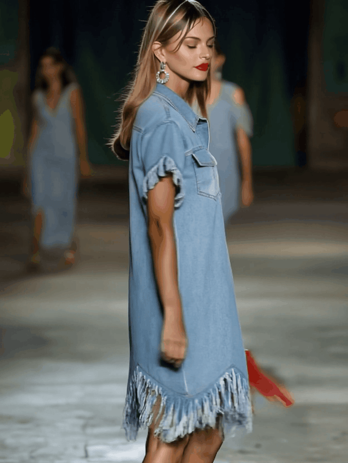 Casual Loose Vintage Denim Short Sleeve Shirt Tassel Mini Dress  - By Qivii