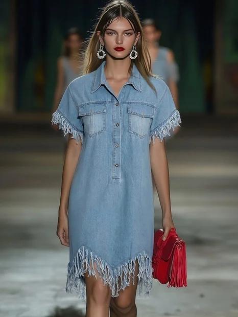 Casual Loose Vintage Denim Short Sleeve Shirt Tassel Mini Dress  - By Qivii