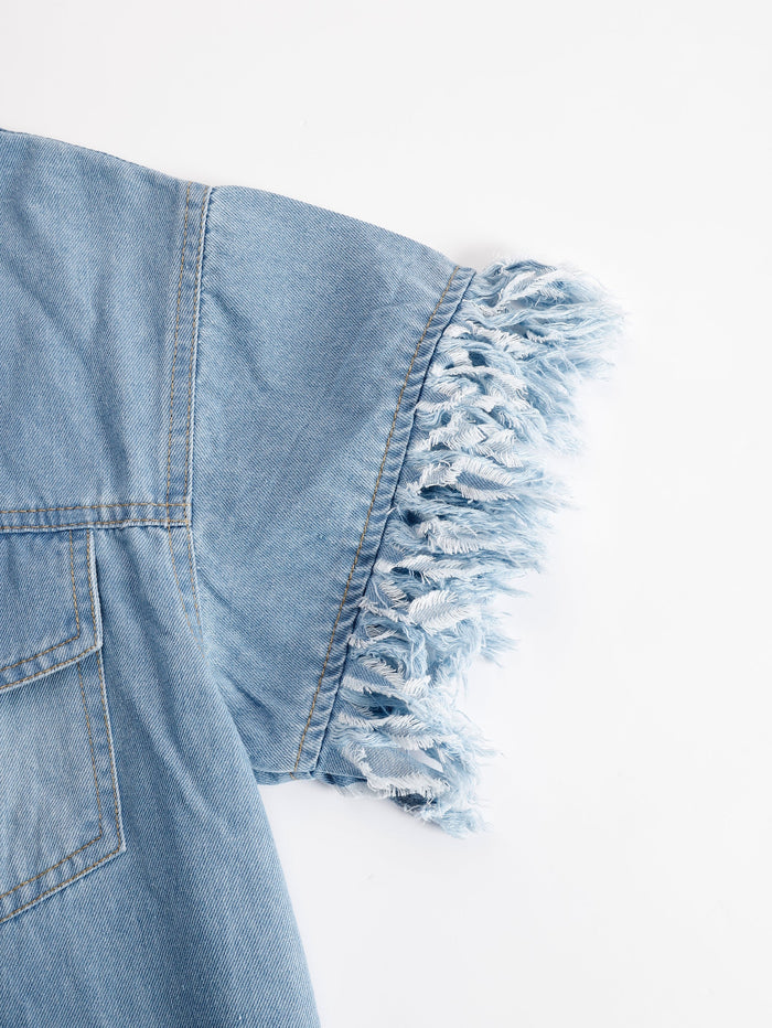 Casual Loose Vintage Denim Short Sleeve Shirt Tassel Mini Dress  - By Qivii
