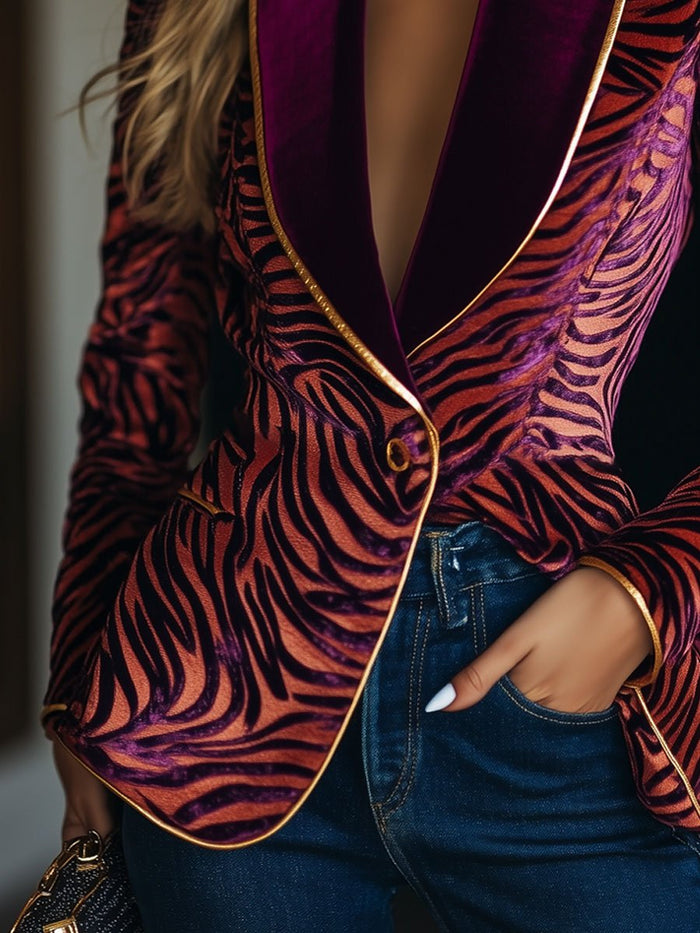 Casual Loose Vintage Velvet Zebra Pattern Gold Wire Striped Lapel Pocket Blazer  - By Qivii