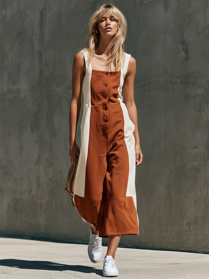 Casual Retro Color-blocked Square Neck Cotton Jumpsuit  - By Qivii