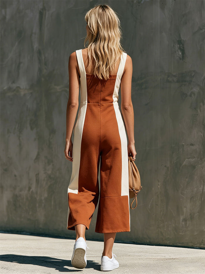 Casual Retro Color-blocked Square Neck Cotton Jumpsuit  - By Qivii