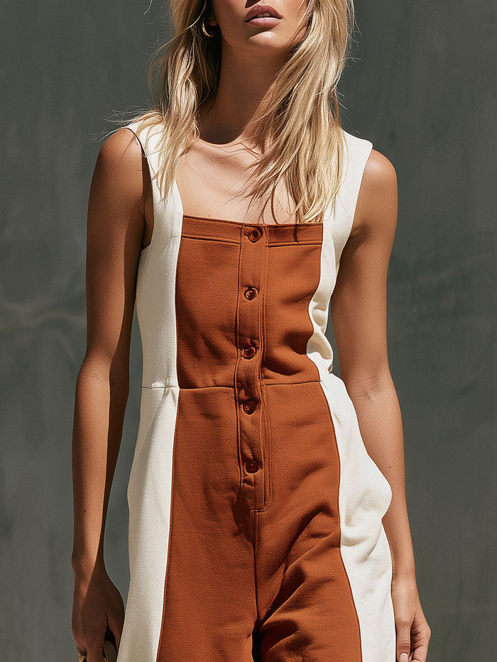 Casual Retro Color-blocked Square Neck Cotton Jumpsuit  - By Qivii