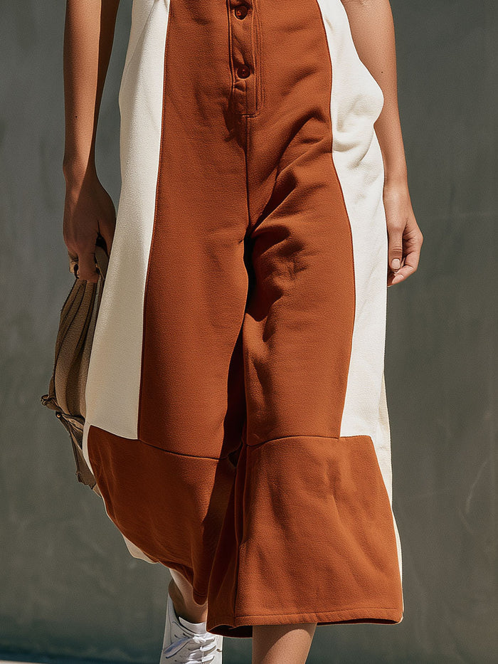 Casual Retro Color-blocked Square Neck Cotton Jumpsuit  - By Qivii