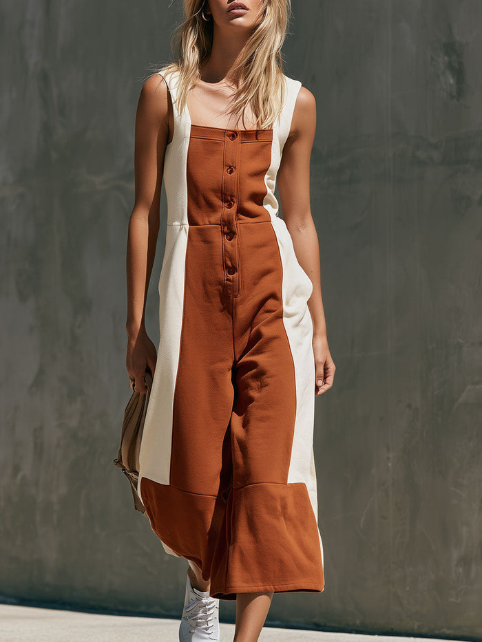 Casual Retro Color-blocked Square Neck Cotton Jumpsuit  - By Qivii