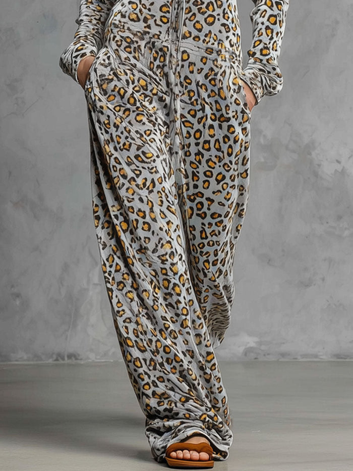 Casual Retro Gray Velvet Leopard Print Hooded Sweatshirt Wide-Leg Jumpsuit  - By Qivii