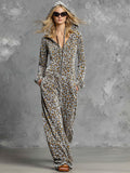Casual Retro Gray Velvet Leopard Print Hooded Sweatshirt Wide-Leg Jumpsuit  - By Qivii