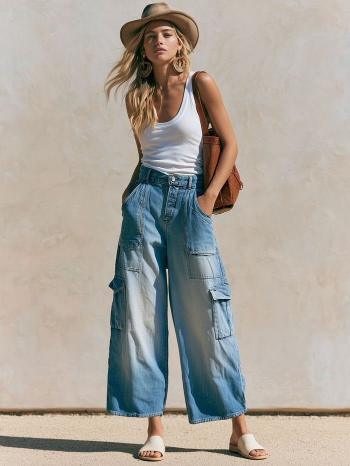 Casual Retro Light Blue Cropped Workwear Jeans  - By Qivii
