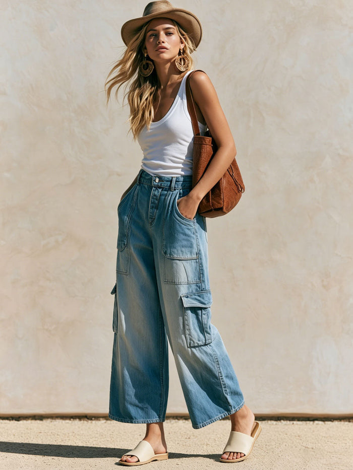 Casual Retro Light Blue Cropped Workwear Jeans  - By Qivii