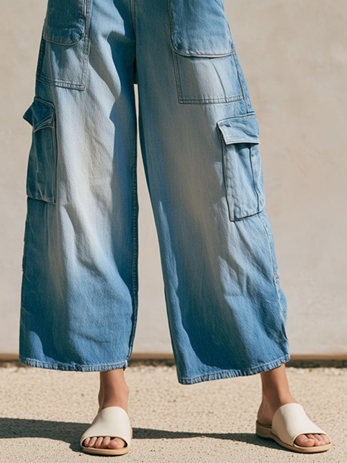 Casual Retro Light Blue Cropped Workwear Jeans  - By Qivii
