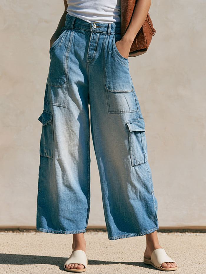 Casual Retro Light Blue Cropped Workwear Jeans  - By Qivii