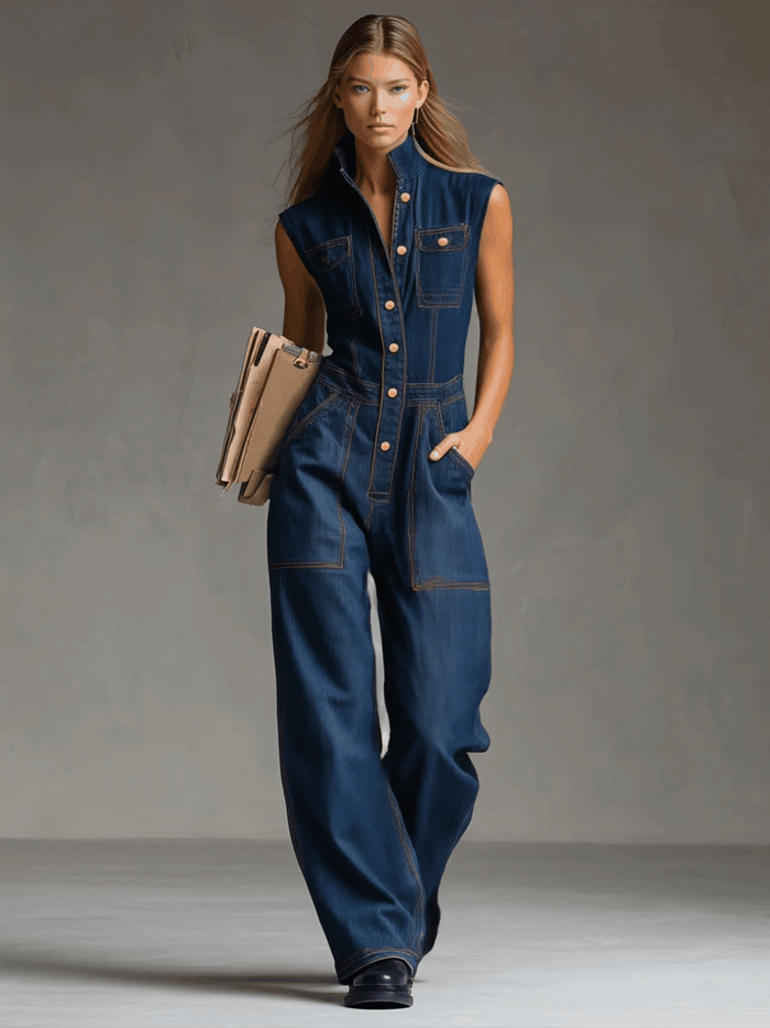 Casual Retro Multi-pocket Topstitching Dark Blue Denim Sleeveless Balloon Jumpsuit  - By Qivii