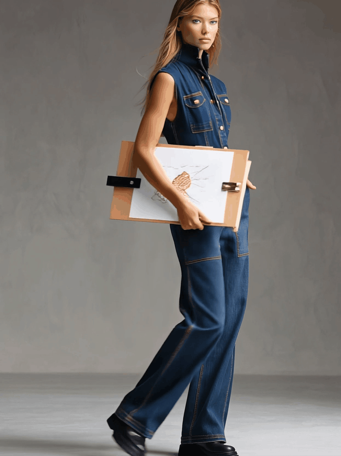 Casual Retro Multi-pocket Topstitching Dark Blue Denim Sleeveless Balloon Jumpsuit  - By Qivii