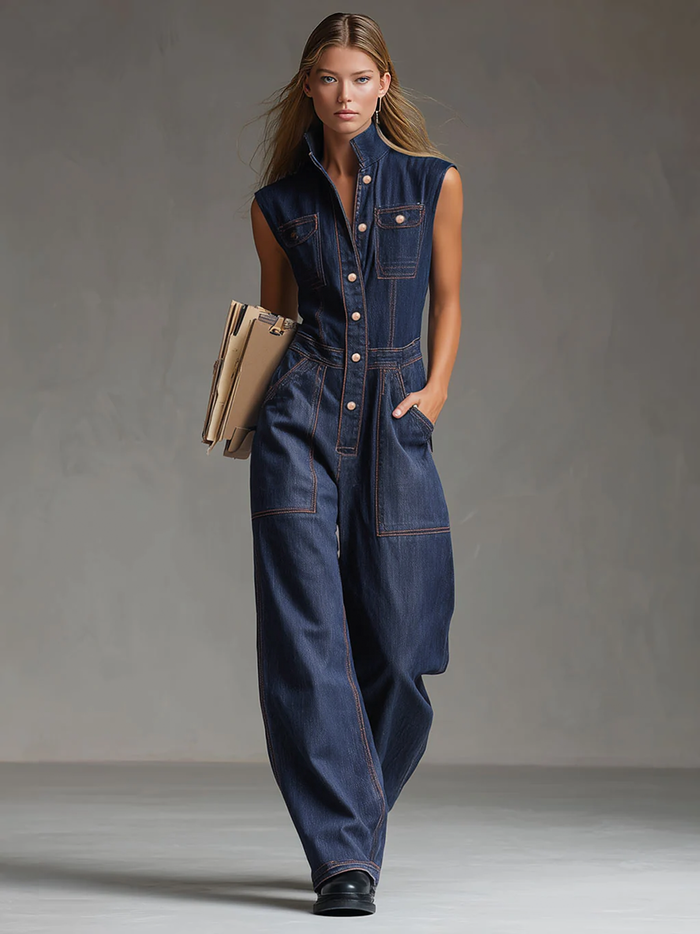 Casual Retro Multi-pocket Topstitching Dark Blue Denim Sleeveless Balloon Jumpsuit  - By Qivii