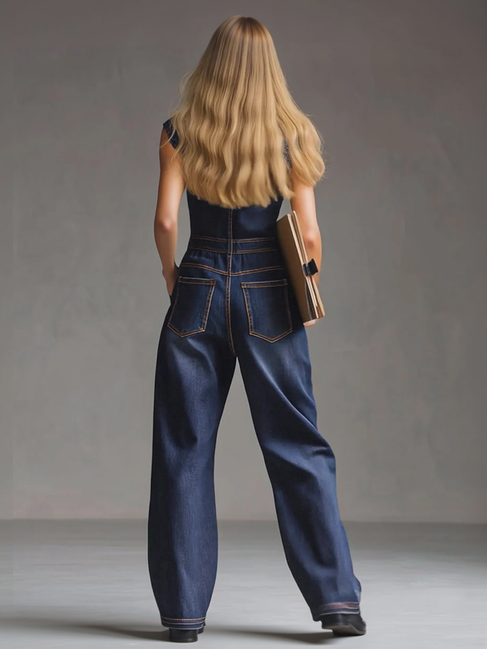Casual Retro Multi-pocket Topstitching Dark Blue Denim Sleeveless Balloon Jumpsuit  - By Qivii