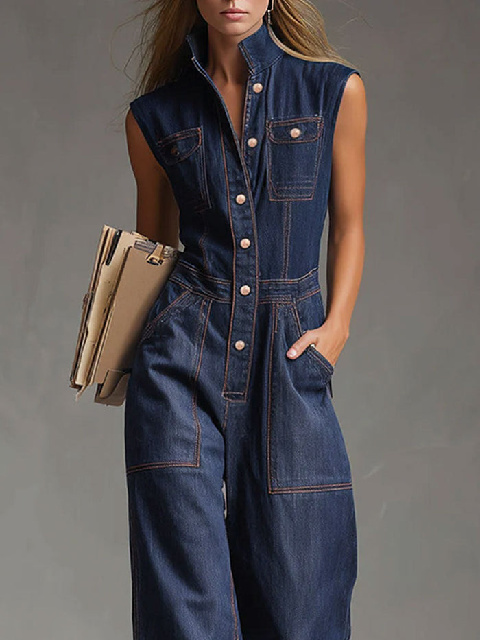 Casual Retro Multi-pocket Topstitching Dark Blue Denim Sleeveless Balloon Jumpsuit  - By Qivii