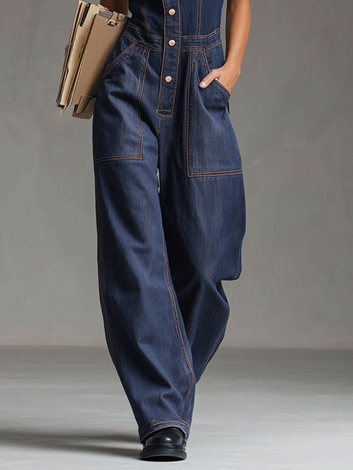 Casual Retro Multi-pocket Topstitching Dark Blue Denim Sleeveless Balloon Jumpsuit  - By Qivii