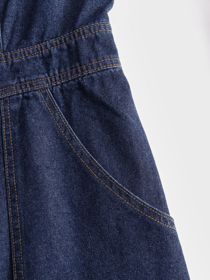 Casual Retro Multi-pocket Topstitching Dark Blue Denim Sleeveless Balloon Jumpsuit  - By Qivii