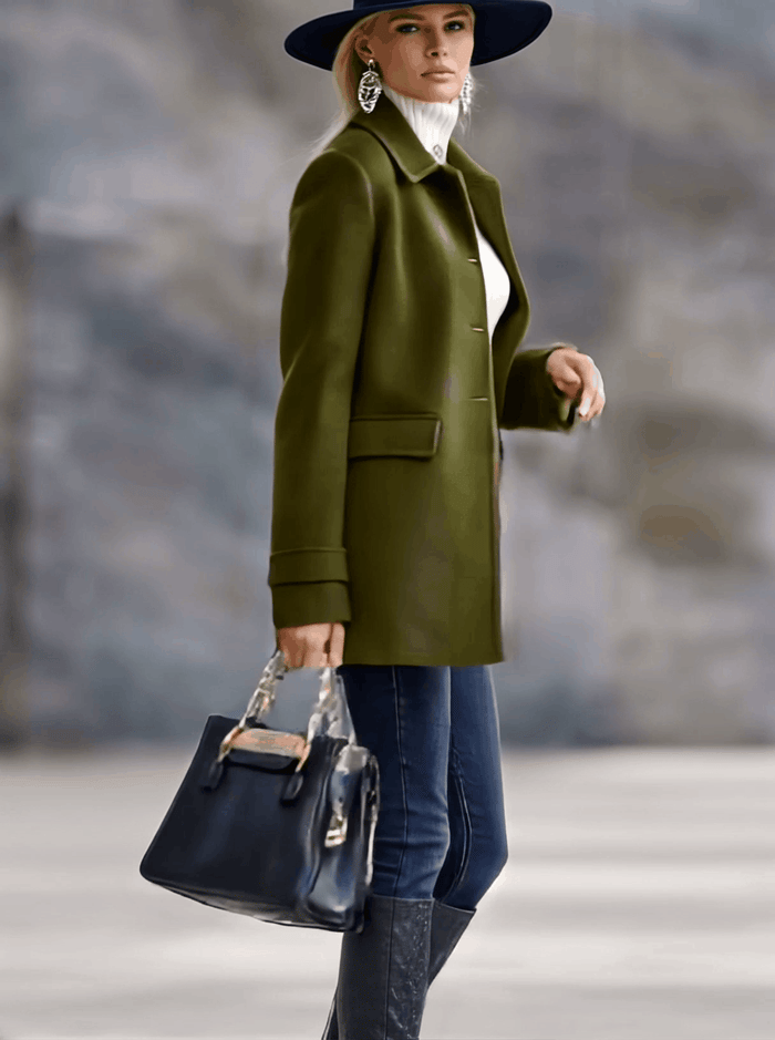 Casual Retro Olive Green Tweed Coat  - By Qivii