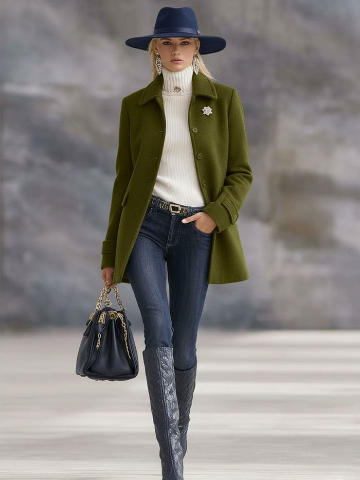 Casual Retro Olive Green Tweed Coat  - By Qivii