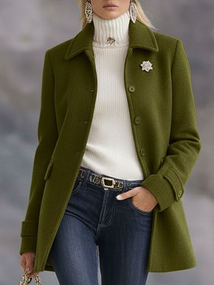 Casual Retro Olive Green Tweed Coat  - By Qivii