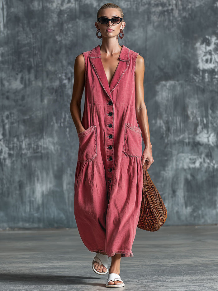 Casual Retro Pink Denim Sleeveless Midi Dress  - By Qivii